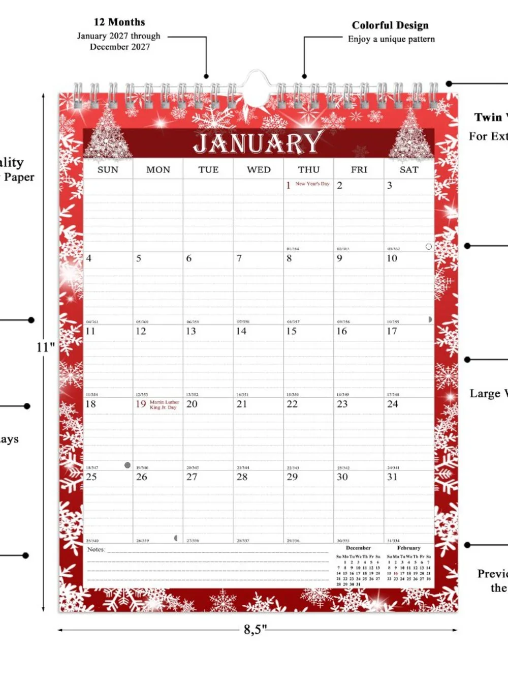 2027 Wall Calendar Spiral-bound Twin-Wire Binding - 12 Months 8.5